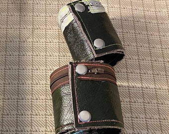 Handmade Leather Cuff Bracelet / Unique Wrist Wallet Made From Leather Offcuts / Unisex Bracelet / Green