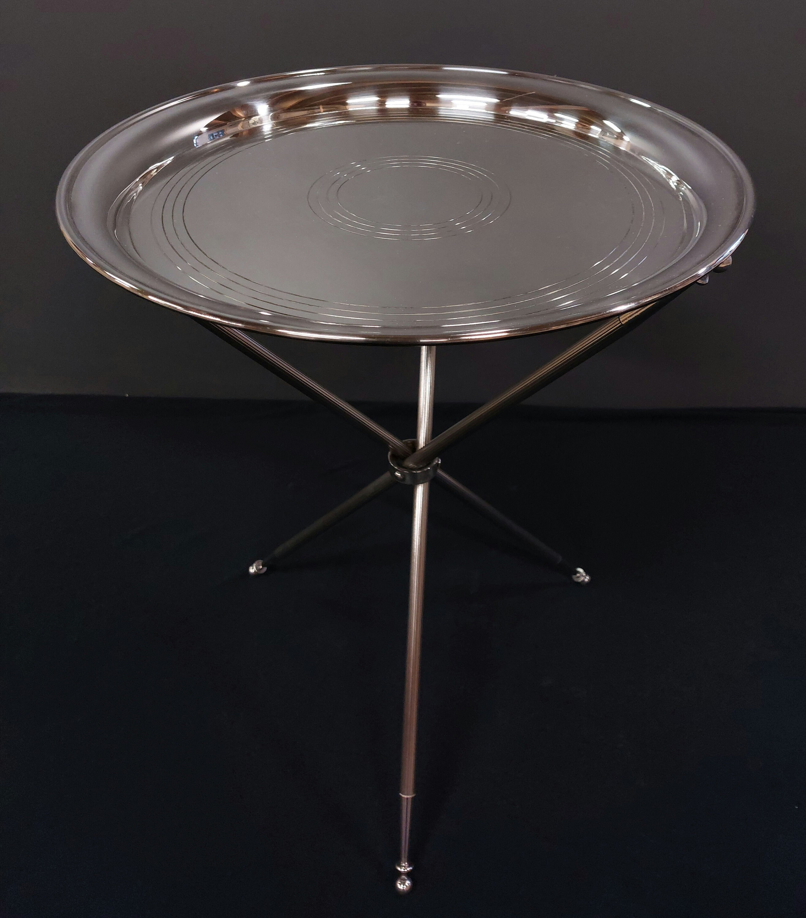 Gueridon Tripode Table Basse Metal Argenté 50S Vintage Silver Plated Travaille On Stand Design Franç