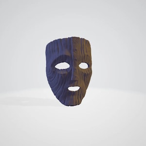 May include: A dark blue wooden mask with a carved face and two eye holes. The mask is made of wood and has a textured surface.