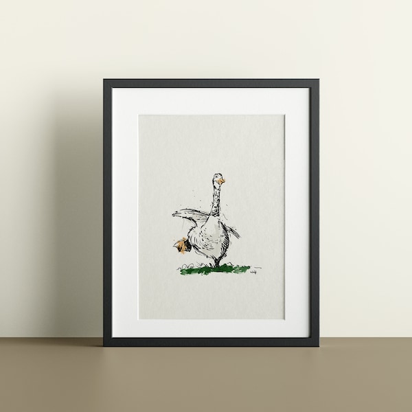 Crazy Goose Colour Art Print, Wall Art, Country Home Decor, Animal Art, A4 Print, Original Art, Hand Drawn Art