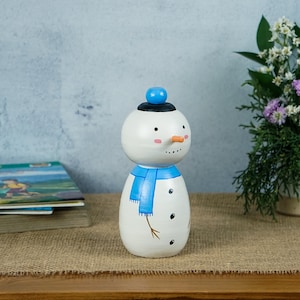 Wooden Kokeshi doll, Snowman Doll, Japanese Doll, Handpainted, Handmade, Christmas Decor, Kawaii Decor, Holiday Gifts, Gift for Her