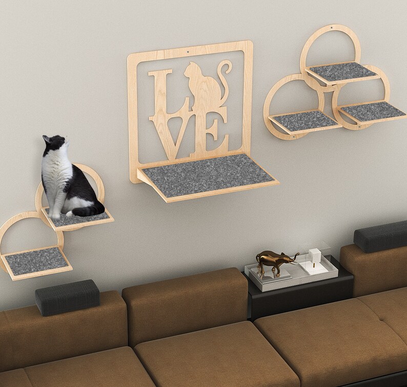 Wooden Cat Wall Shelf With Unique Sign 6 Pcs Mounted Pet Etsy