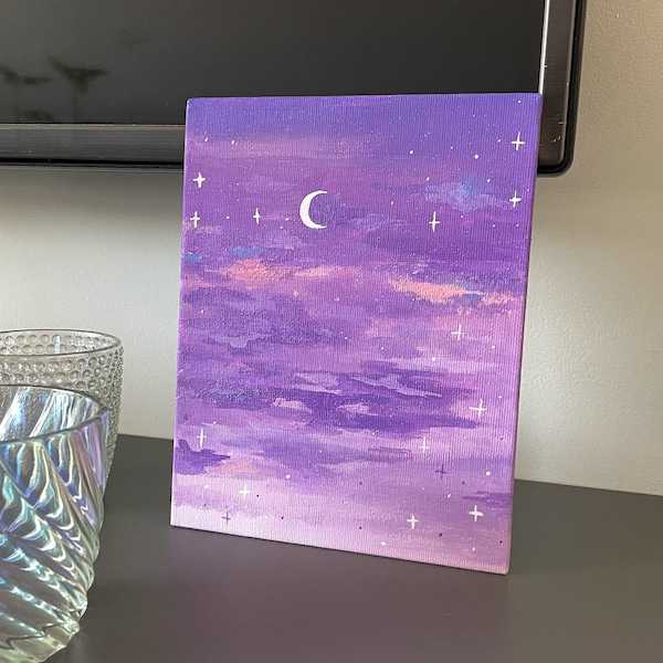 Purple Acrylic Painting Sunset Moon Stars Clouds, Hand paint, Acryl painting, Wall decor, Acryl drawing, Cute aesthetic paintings 18x14 cm