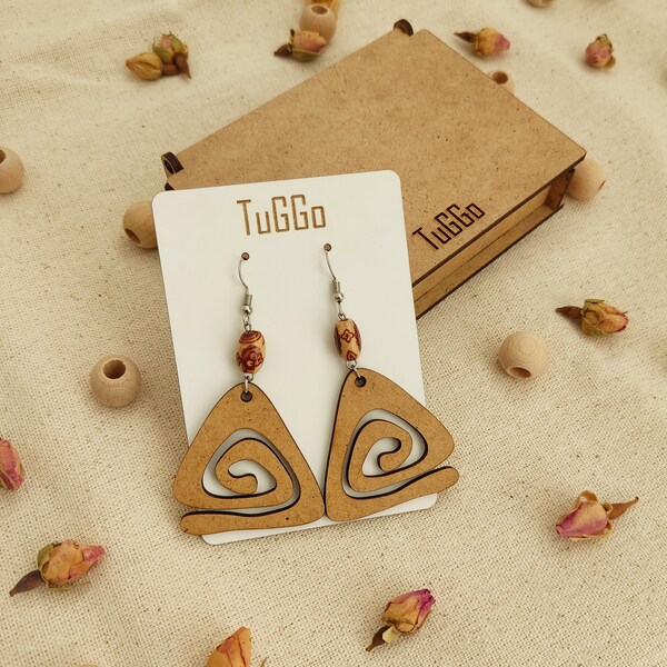 Spiral Triangle Wood Earrings With Beads, Dangle Earrings, Boho Irregular Earrings