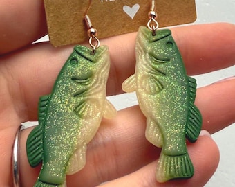Billy Bass Dangle Earrings, glittery fishing wife statement earrings, handmade small business, polymer clay!