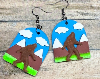 Sasquatch 3 dimensional dangle Earrings, Bigfoot in the Woods! Handmade by me!