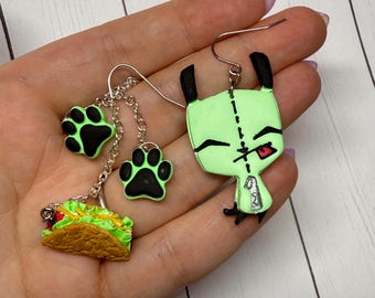 Invader Zim Earrings, Gir Taco boy Puppy dangles