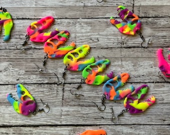 T-Rex Skull Earrings: Rainbow Neon Jurassic Jewelry, Rave Blacklight Earrings, Handmade by me!