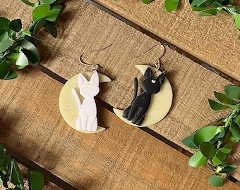 Celestial Kitty Moon Dangle Earrings: Glow in the Dark, Handmade by me!