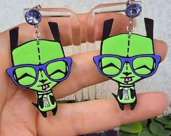 Pendientes de personajes de Invader Zim Smarty Pants GIR, pendientes llamativos con diamantes de imitación