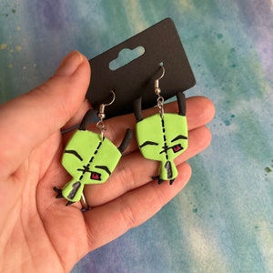 Gir alien puppy earrings, robot in a puppy costume, cute weirdo crazy taco boy, neon green silly psycho invader
