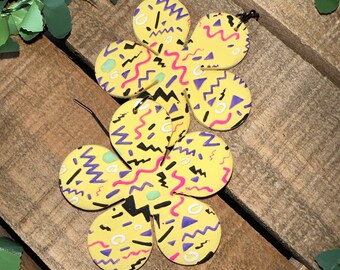 80s Flower Earrings: Yellow Squiggle Pattern, Retro Style handmade by me!