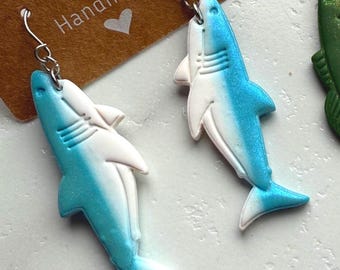 Bluey Sharkie Earrings, glittery fishing wife statement earrings, handmade small business, polymer clay!