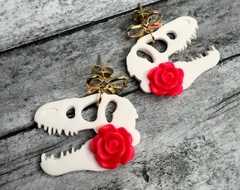 Rosy Skullies T-Rex Dangle Studs! Handmade by me!