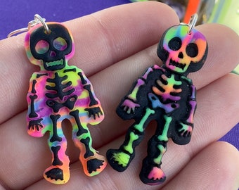 Neon Skeleton Earrings: Black Light Rave Dangles, Handmade by me!