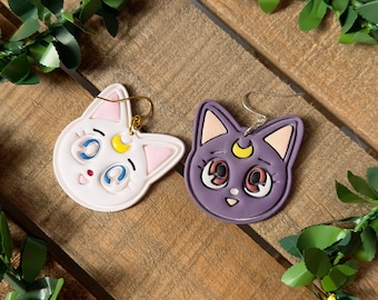 Luna and Artemis dangle earrings, mismatched anime sailor scout cats, Handmade by me!