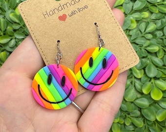 Rainbow Neon SMILEY Dangle Earrings! Handmade polymer clay!