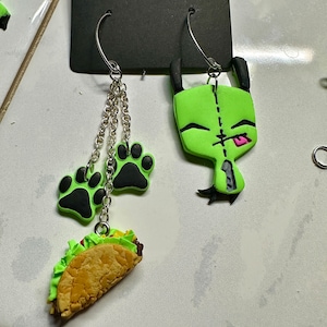 Puppy dog taco love mismatched earrings, neon green black, gir zim 80s 90s cartoons, robot dog character, rave dance cute dangles, paw print