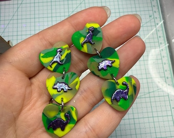 Tiny Dino Heart chains, camo Tyrannosaurus Rex Triceratops Brontosaurus Dangle earrings!