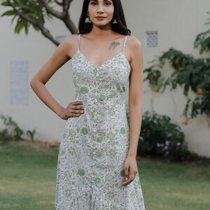 Women Summer Cotton Dress - Floral Hand Block Print Spaghetti Strap Maxi Dress, Casual Boho Chic Style