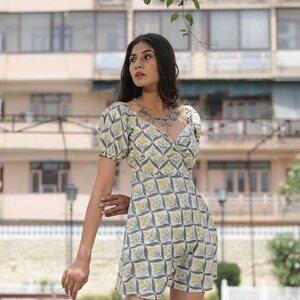 Bohemian Hand Block Printed Mini Women&#39;s and Girls Summer Beach Party Dress