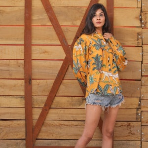 Indian Hand-block Printed  Shirt For Women&#39;s and Girls,  Jangle Block Print Indian Cotton Summer outfits, Indian Natural Bagru Print,