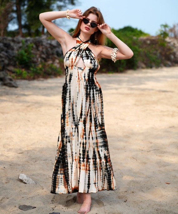 Premium Bohemian Halter Open back Tie dye Maxi Women Dresses Smock Boho Summer Dress Unique Festival Outfit Gift of Dress for Women Jewelry Etsy