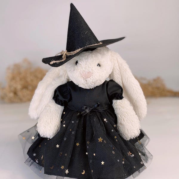 Disfraz de bruja hecho a mano para conejita Jellycat, conjunto de vestido y sombrero para muñeca.