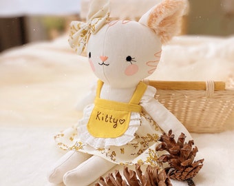 Süße Katzenpuppe, Handgefertigte Katzen Stoffpuppe - Handgemachtes Stoffspielzeug, Verwendung als Spielzeug oder Raumdekor, Tolles Geschenk für Kinder jeden Alters