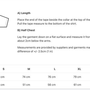 May include: Size guide for a t-shirt with measurements in centimeters for length and half chest. Sizes include S, M, L, XL, 2XL, and 3XL.