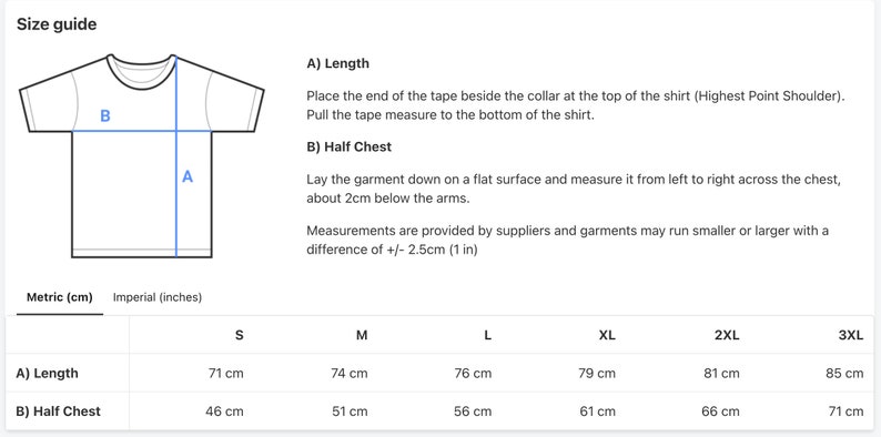 May include: Size guide for a t-shirt with measurements in centimeters for length and half chest. Sizes include S, M, L, XL, 2XL, and 3XL.