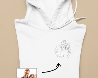 Hoodie with Custom Couple Portrait Photo, Line Art Sketch Drawing Illustration, Sweatshirt, Gift for Couples, Valentine's day Gift