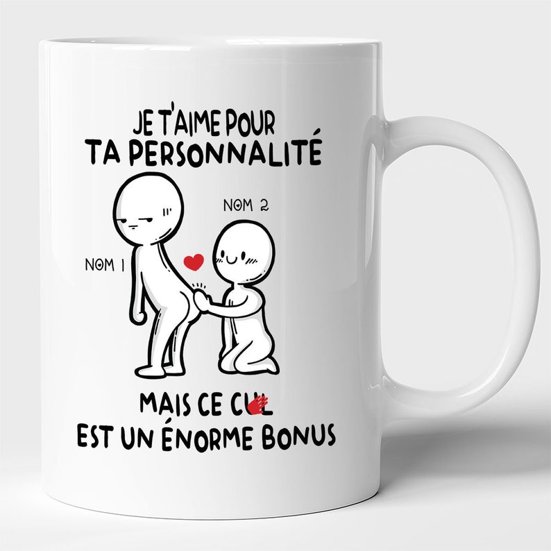 Mug Couple Personnalisé Humour Tasse Cadeau Drôle Rigolo Fun Pour Les Amoureux Je T'aime Pour Ta Personnalité Mais Ce Cul Est Bonus image 1