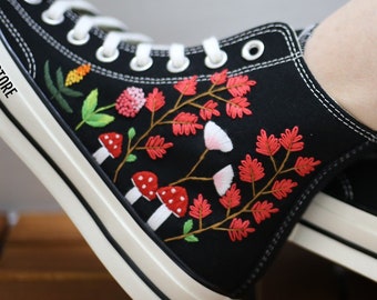 Custom Embroidered Converse High Tops: Mushroom & Floral Sneakers