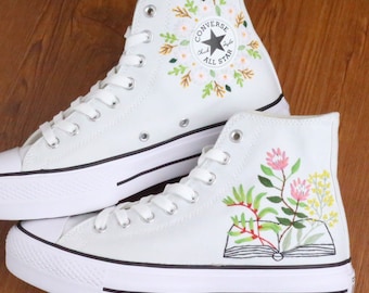 Custom Embroidered Converse Platform High Tops: Floral Book Sneakers