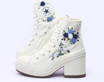 Chuck 70 De Luxe Heel Embroidered: Bridal Converse Highheels, Blue Floral Wedding Shoes