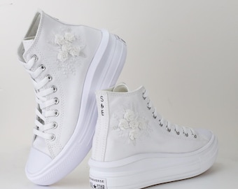 Wedding Shoes For Bride, Custom Move Converse, White Flowers Embroidered Sneakers for Bride, Personalized Wedding Converse Shoe, Unique Gift