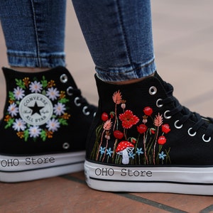 Custom embroidery converse platform/Mushroom and  flower embroidered shoes/ Bridal flowers embroidered shoes/Mushroom embroidery converse