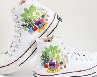 Custom Embroidered Converse Sneakers: Cat & Garden Design
