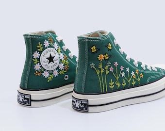 Custom Embroidered Converse Sneakers, Flower, Bees Embroidered Shoes, Custom Wedding Converse, Birthday Gift Shoes, Personalized Bride