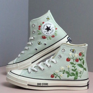 Embroidery converse/ Custom embroidered strawberry and bees shoes/ Converse sage green high tops/ Strawberry embroidered sneakers