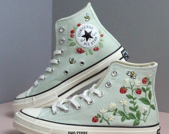 Embroidery converse/ Custom embroidered strawberry and bees shoes/ Converse sage green high tops/ Strawberry embroidered sneakers