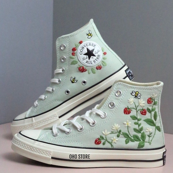 Embroidery converse/ Custom embroidered strawberry and bees shoes/ Converse sage green high tops/ Strawberry embroidered sneakers