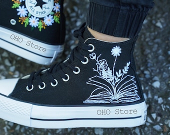 Embroidered Converse High Top Sneakers: Flowers and Book Design