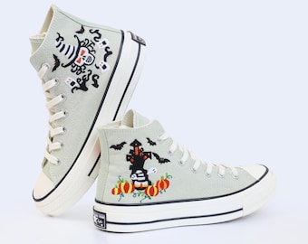 Custom Halloween Embroidered Converse Shoes, Ghost Pumpkin Sneakers