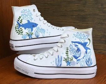 Custom Embroidered Converse High Tops: Shark Ocean Design