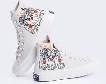 Niestandardowe haftowane trampki Converse, motyw magicznego ducha na Halloween