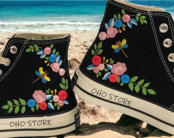 Dragonfly Flower Embroidered Converse High Tops: Custom Shoes