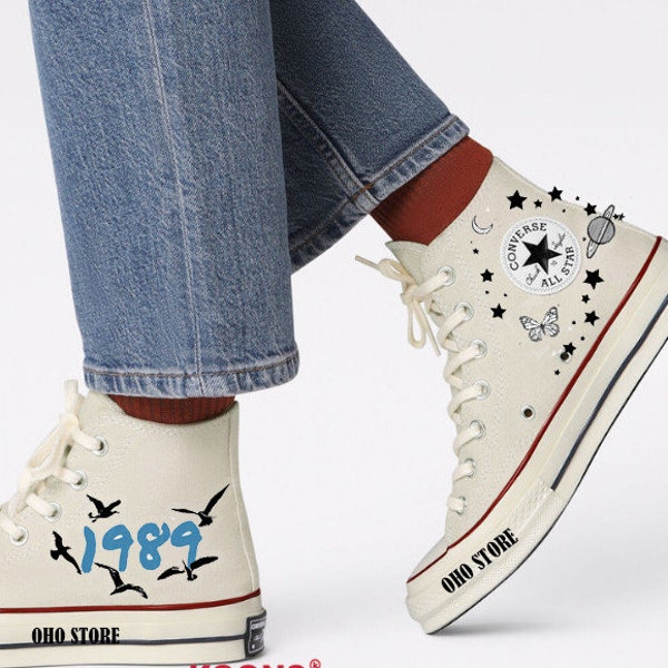 Custom Converse Chuck Taylor White Seagull and Sea Embroidery/ Converse High Top/ Custom Embroidery Ocean Canvas Shoes