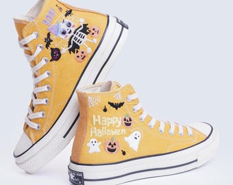 Custom Embroidered Converse Sneakers, Halloween Theme, Ghost and Pumpkin Design